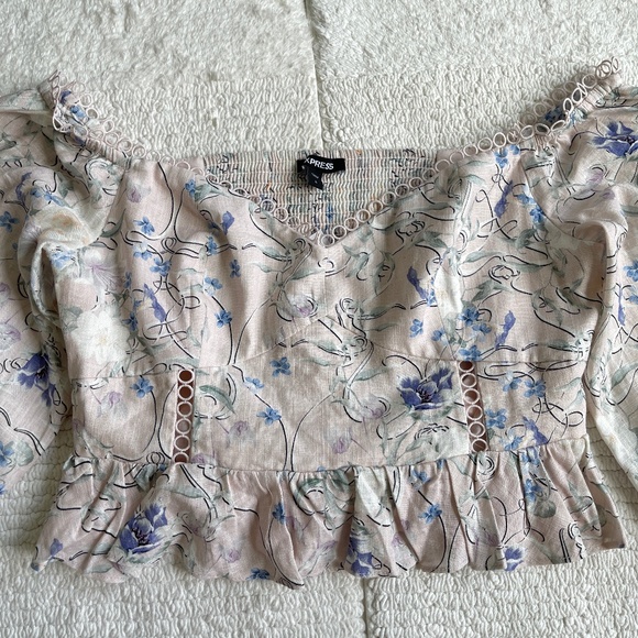 Express Corset Peplum Top Womens L Off Shoulder Floral Balloon Sleeve - Picture 1 of 12